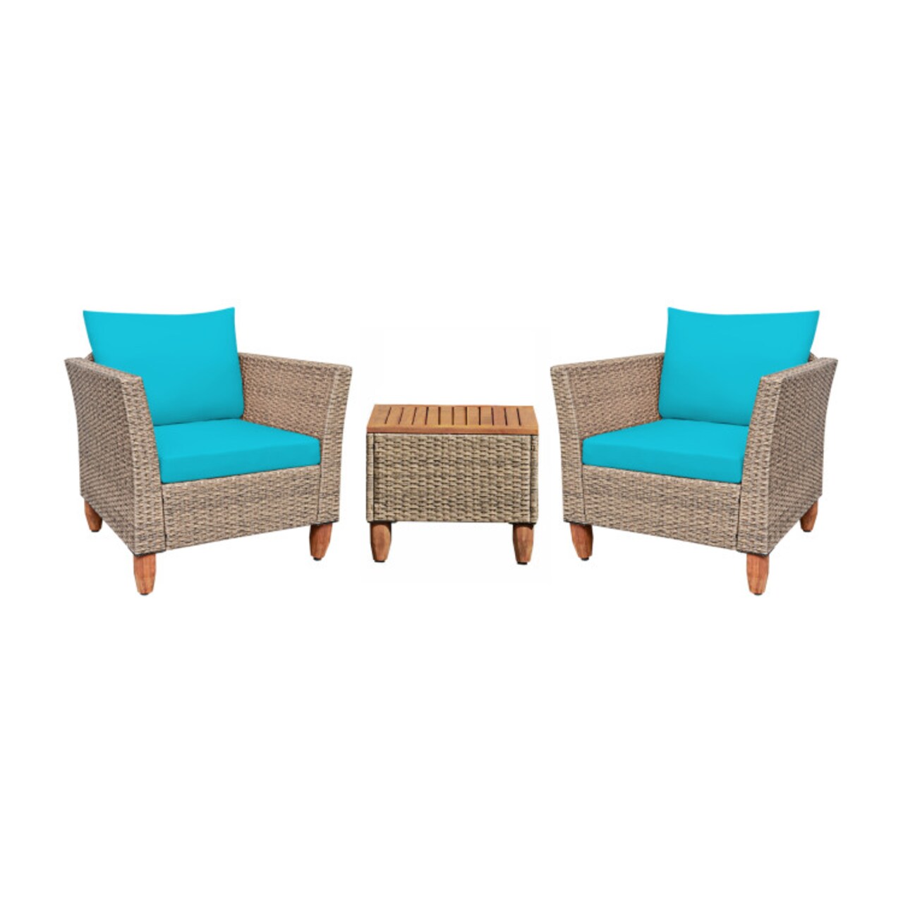 Modern Patio Conversation Set 3 Piece Rattan Sofas with Cushions Acacia Coffee Table